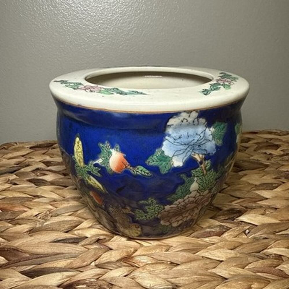 Vintage Chinese Porcelain Cachepot Planter Cobalt Blue Floral 6” Chinoiserie